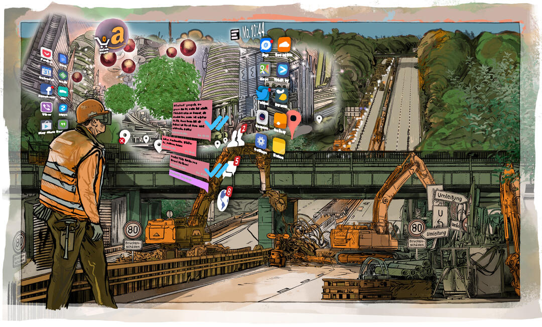 Baustelle mit Bauarbeiter und VR-Brille