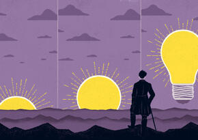 Illustration mit Glühbirne als aufgehender Sonne