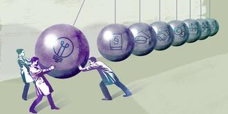 Illustration: Wissenschaftler stoßen ein Pendel an als Symbol für den Transferprozess von der Forschung in die Anwendung