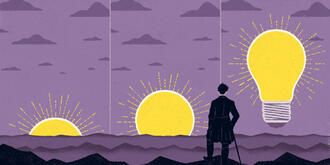 Illustration mit Glühbirne als aufgehender Sonne