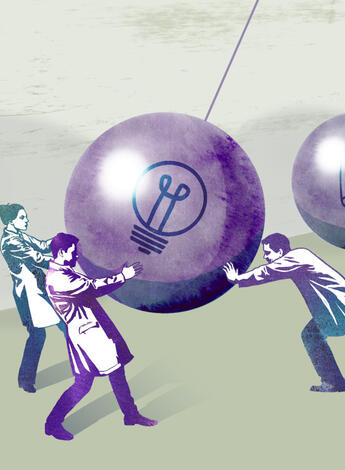 Illustration: Wissenschaftler stoßen ein Pendel an als Symbol für den Transferprozess von der Forschung in die Anwendung