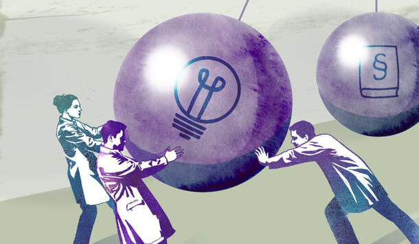 Illustration: Wissenschaftler stoßen ein Pendel an als Symbol für den Transferprozess von der Forschung in die Anwendung