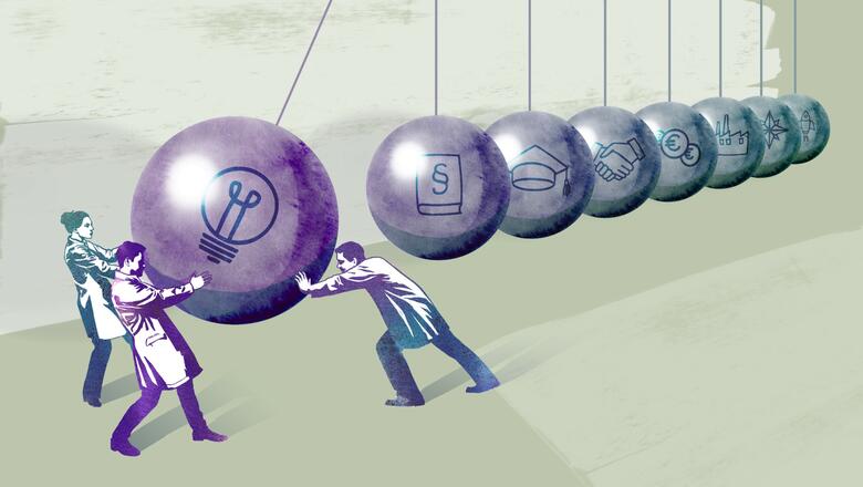 Illustration: Wissenschaftler stoßen ein Pendel an als Symbol für den Transferprozess von der Forschung in die Anwendung