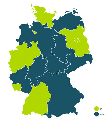 Länderkarte von Deutschland, in dem Bundesländer grün eingefärbten wurden, die bereits Quereinstiegsmasterstudiengänge in das Lehramt anbieten